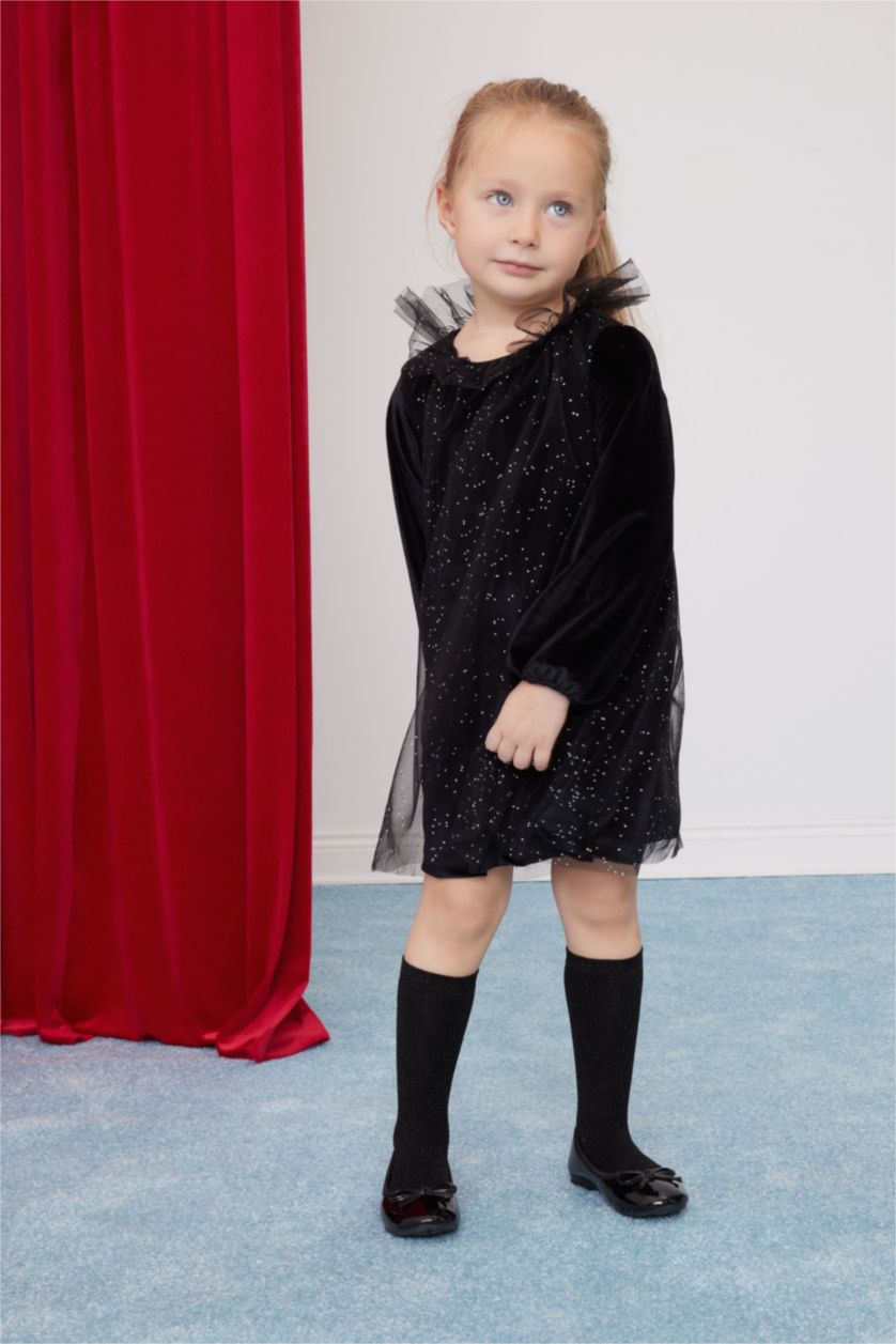 Kız Bebek Siyah Yılbaşı Temalı Puantiye Uzun Kollu Kadife Elbise Kız Bebek