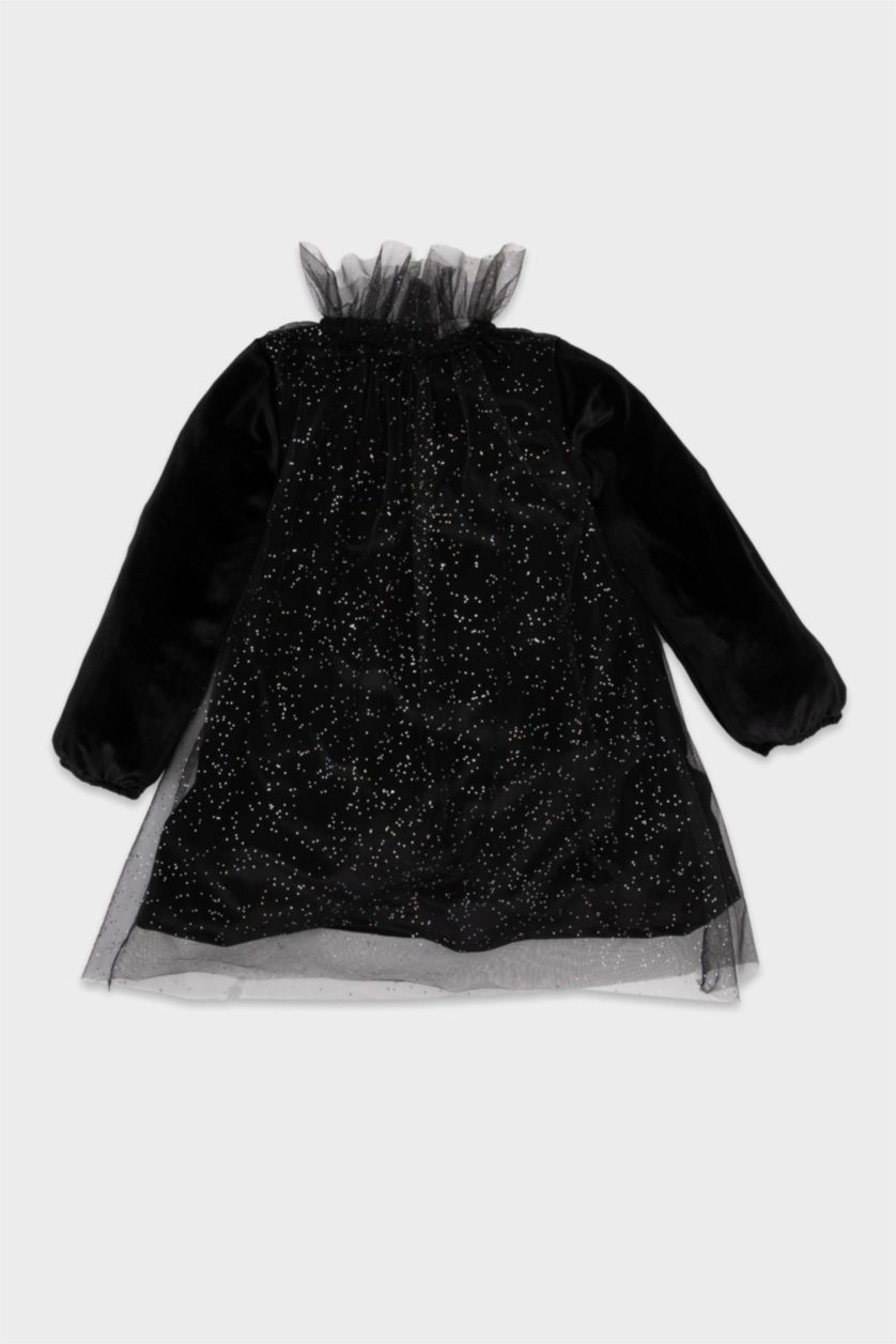 Kız Bebek Siyah Yılbaşı Temalı Puantiye Uzun Kollu Kadife Elbise Kız Bebek