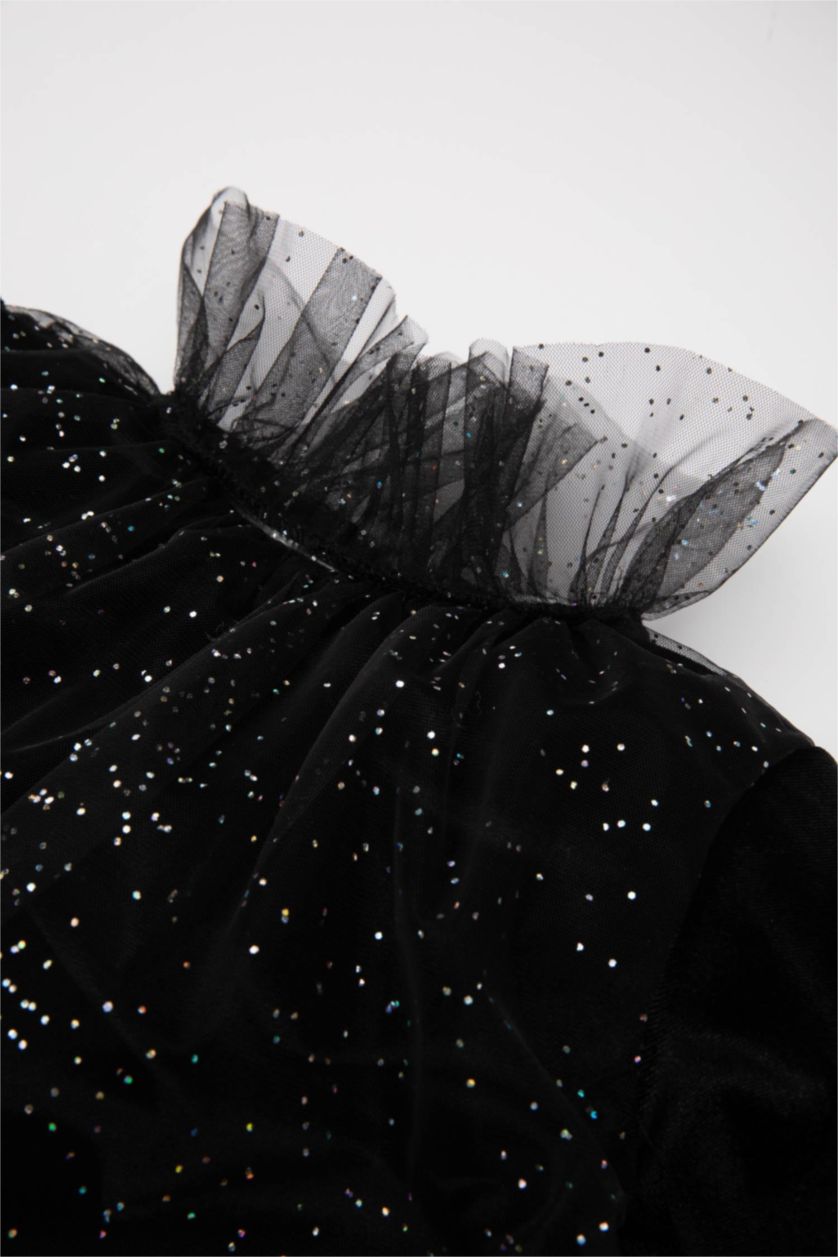 Kız Bebek Siyah Yılbaşı Temalı Puantiye Uzun Kollu Kadife Elbise Kız Bebek