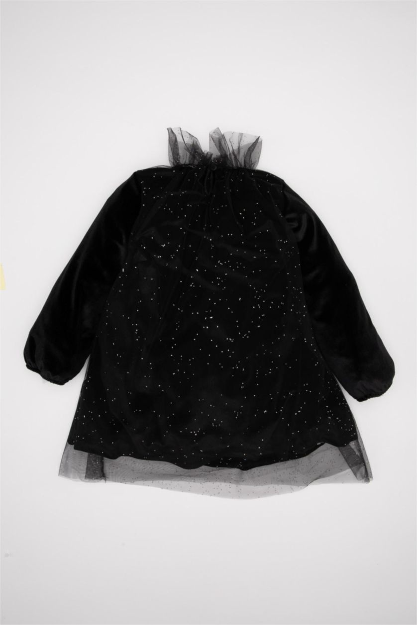 Kız Bebek Siyah Yılbaşı Temalı Puantiye Uzun Kollu Kadife Elbise Kız Bebek