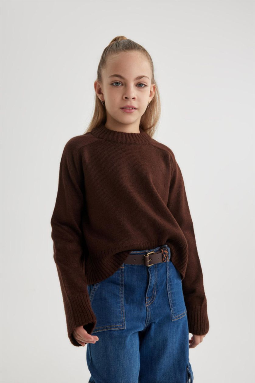GIRLS & TEENS Light Brown Girl Crew Neck Knitted Pullover