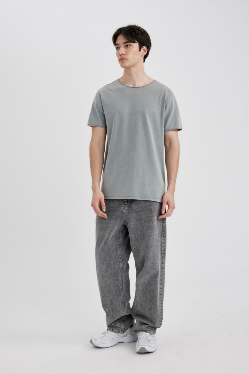 Erkek Gri Regular Fit Bisiklet Yaka Basic Düz Kısa Kollu Tişört