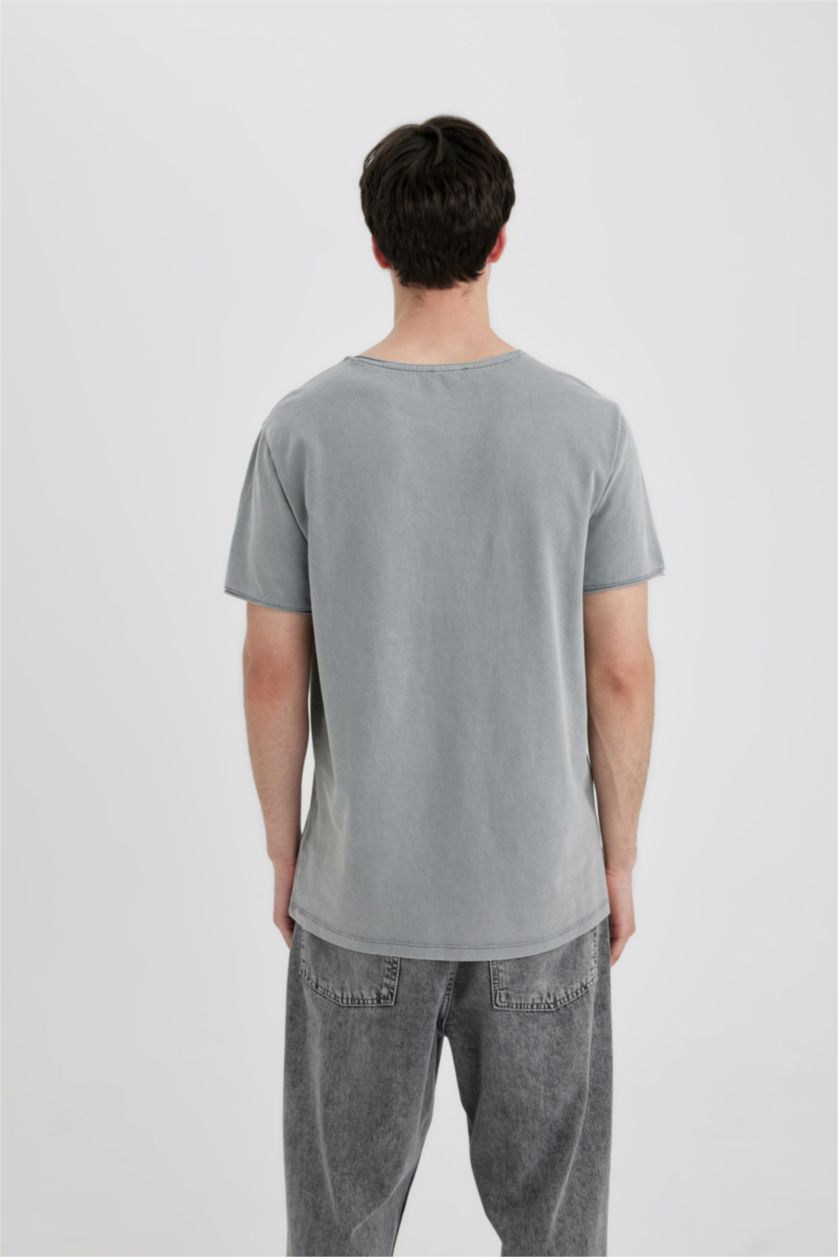 Erkek Gri Regular Fit Bisiklet Yaka Basic Düz Kısa Kollu Tişört