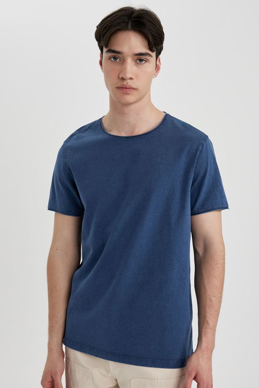 Erkek İndigo Regular Fit Bisiklet Yaka Basic Düz Kısa Kollu Tişört