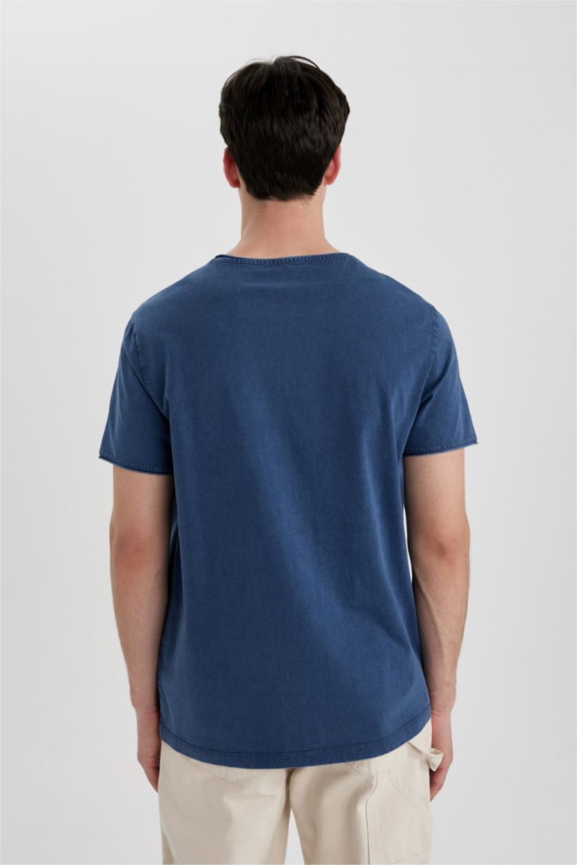 Erkek İndigo Regular Fit Bisiklet Yaka Basic Düz Kısa Kollu Tişört