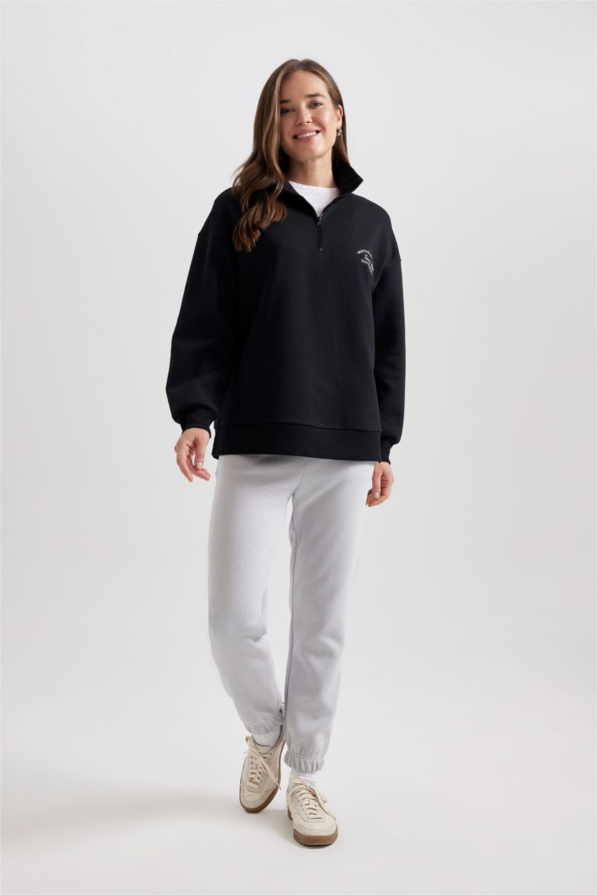 FEMME Noir Sweat-Shirt à Capuche Épais Imprimé Col Droit avec Fermeture Éclair Mi-Longue