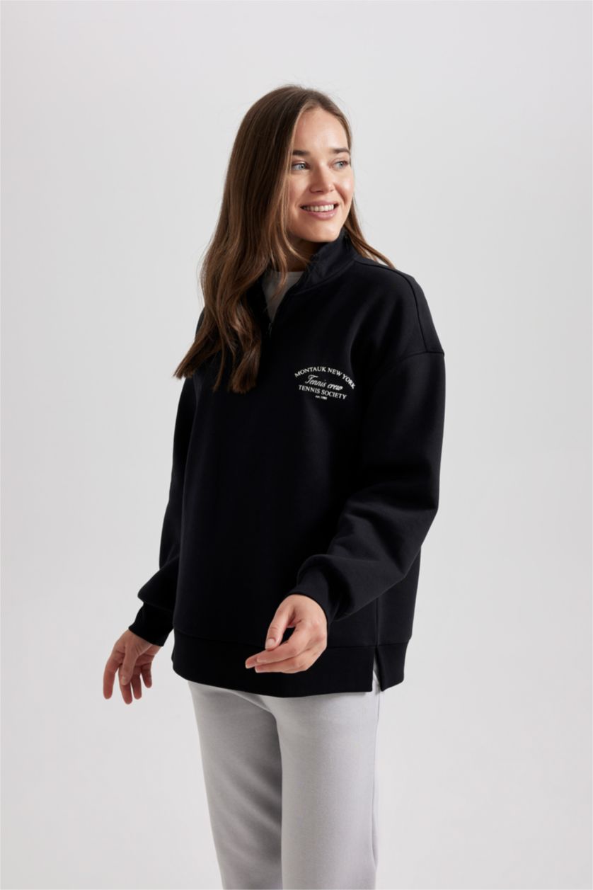 FEMME Noir Sweat-Shirt à Capuche Épais Imprimé Col Droit avec Fermeture Éclair Mi-Longue