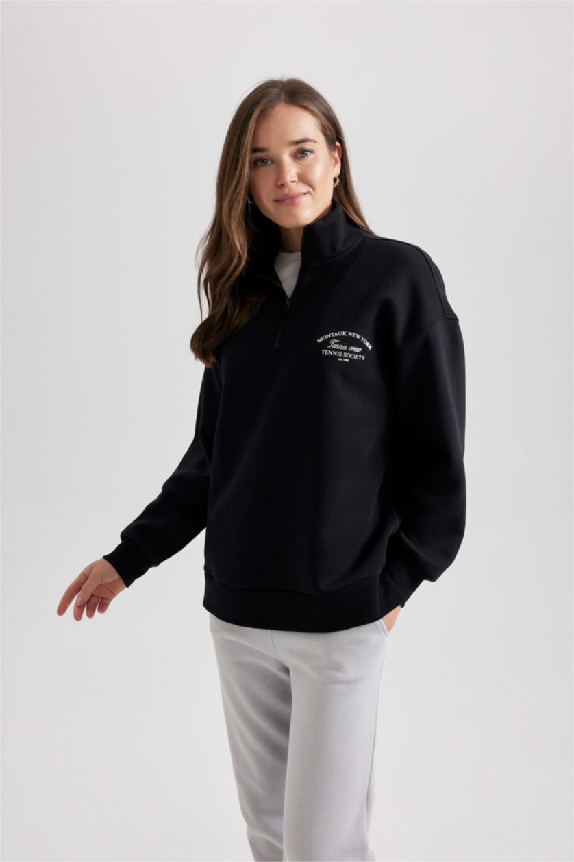 FEMME Noir Sweat-Shirt à Capuche Épais Imprimé Col Droit avec Fermeture Éclair Mi-Longue