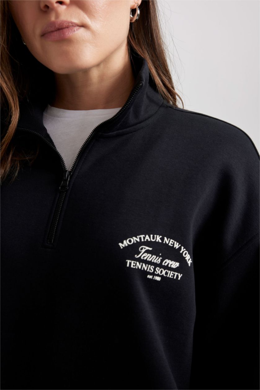 FEMME Noir Sweat-Shirt à Capuche Épais Imprimé Col Droit avec Fermeture Éclair Mi-Longue