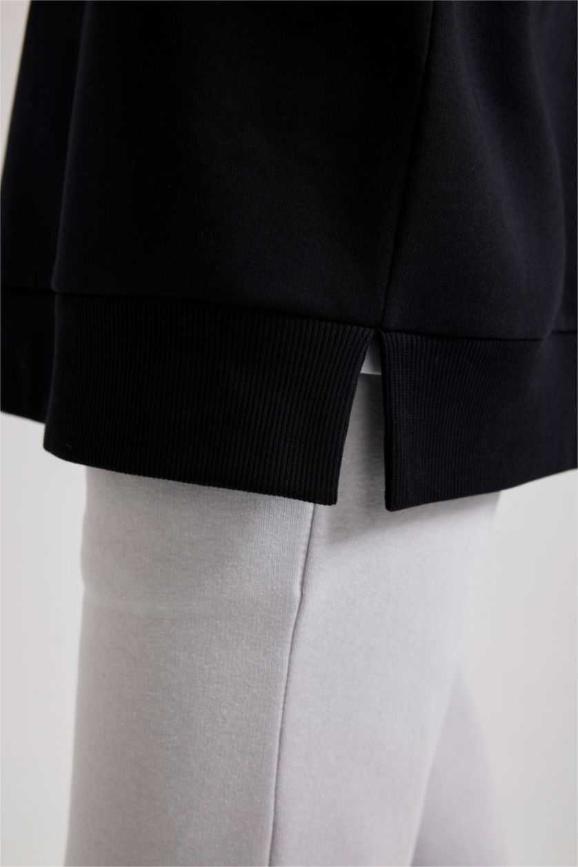 FEMME Noir Sweat-Shirt à Capuche Épais Imprimé Col Droit avec Fermeture Éclair Mi-Longue