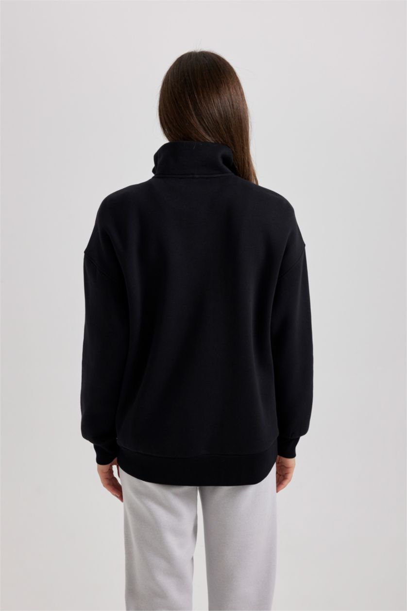 FEMME Noir Sweat-Shirt à Capuche Épais Imprimé Col Droit avec Fermeture Éclair Mi-Longue