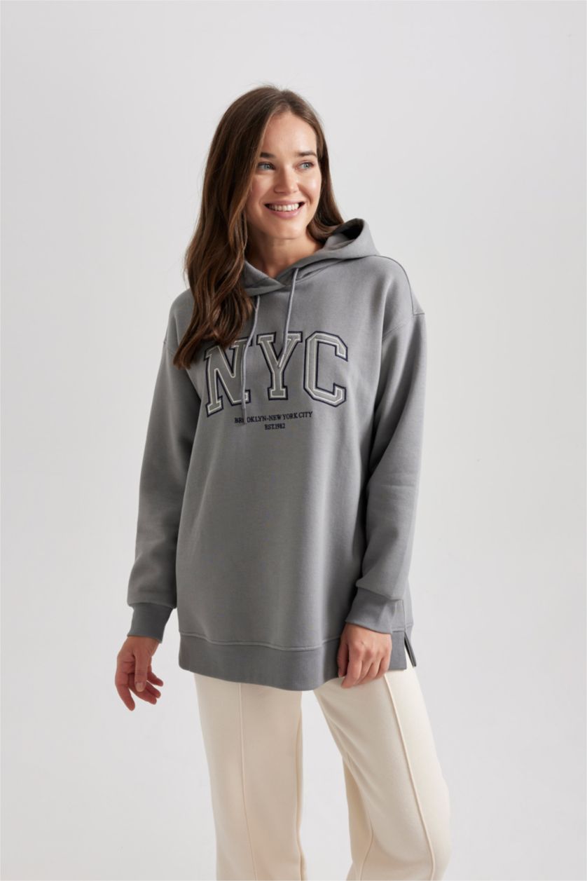 WOMAN Grey Regular Fit Thick Sweatshirt Fabric Hooded Tunic