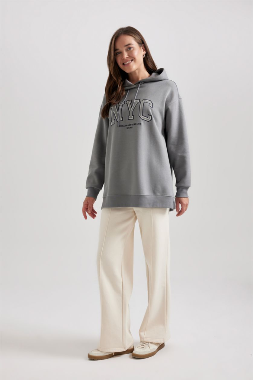 WOMAN Grey Regular Fit Thick Sweatshirt Fabric Hooded Tunic