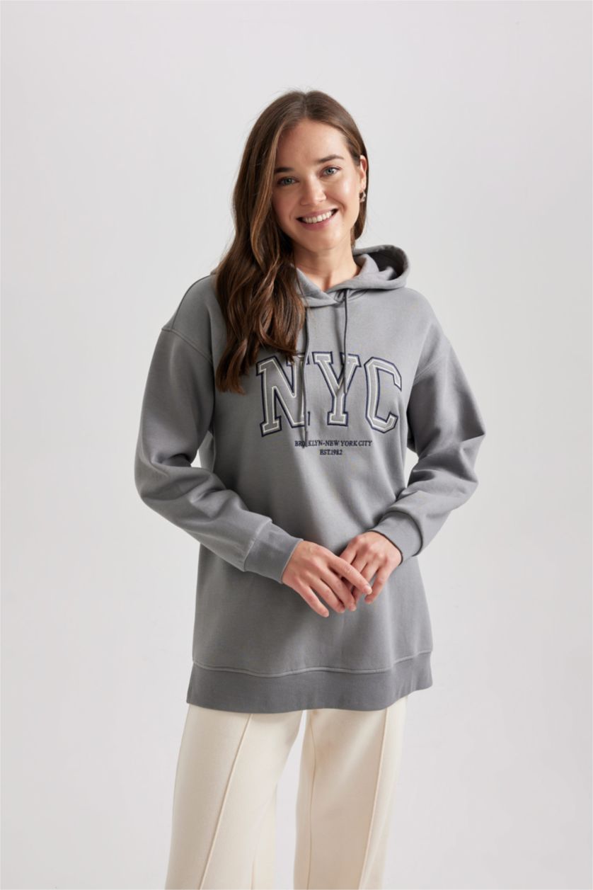 WOMAN Grey Regular Fit Thick Sweatshirt Fabric Hooded Tunic