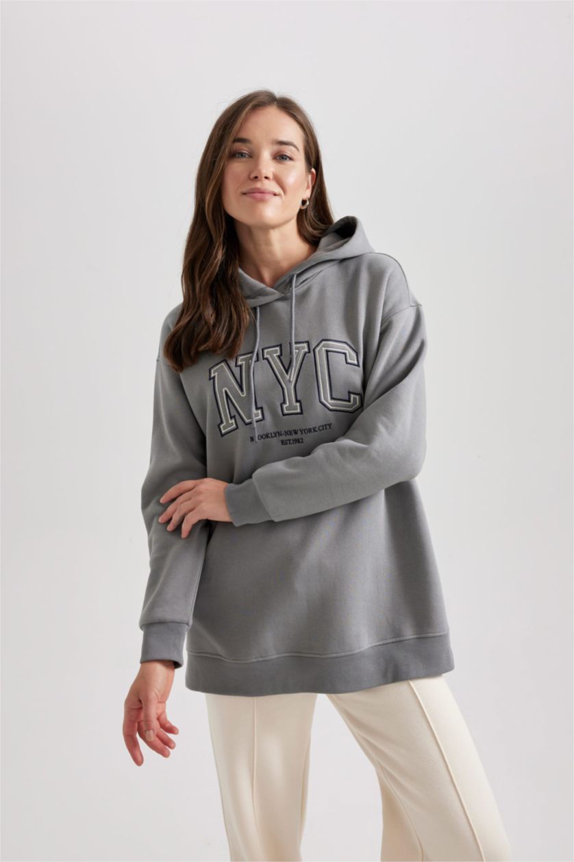 WOMAN Grey Regular Fit Thick Sweatshirt Fabric Hooded Tunic