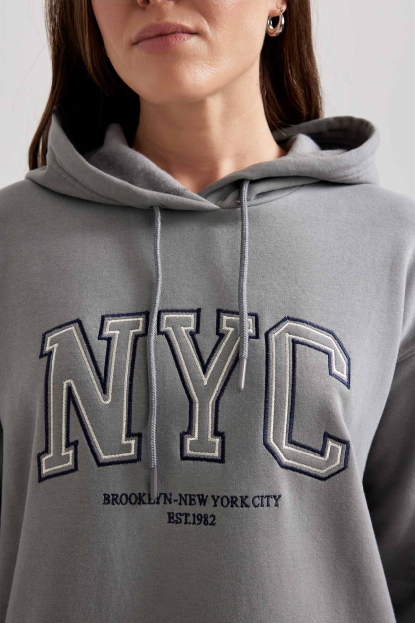 WOMAN Grey Regular Fit Thick Sweatshirt Fabric Hooded Tunic