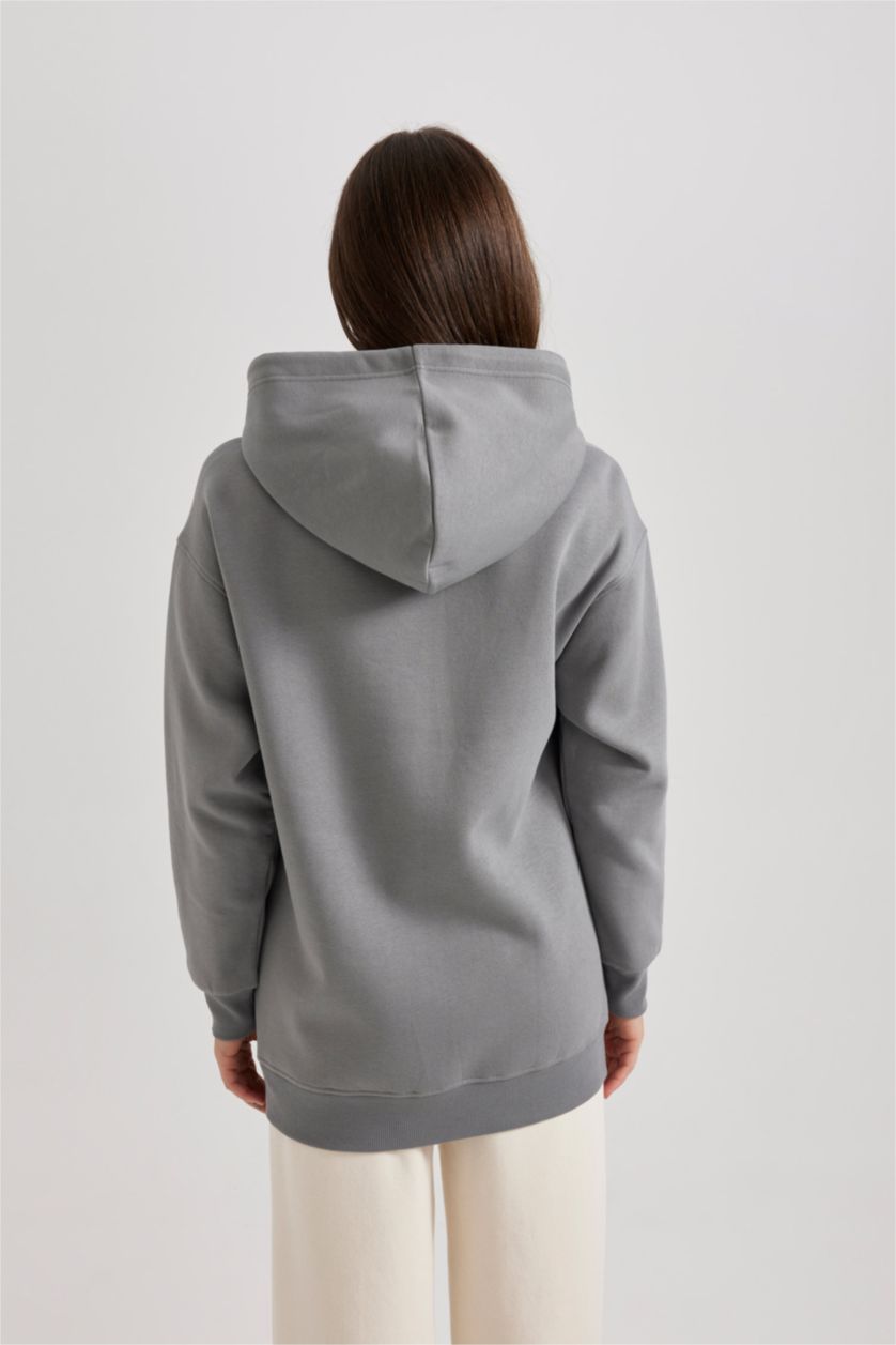 WOMAN Grey Regular Fit Thick Sweatshirt Fabric Hooded Tunic