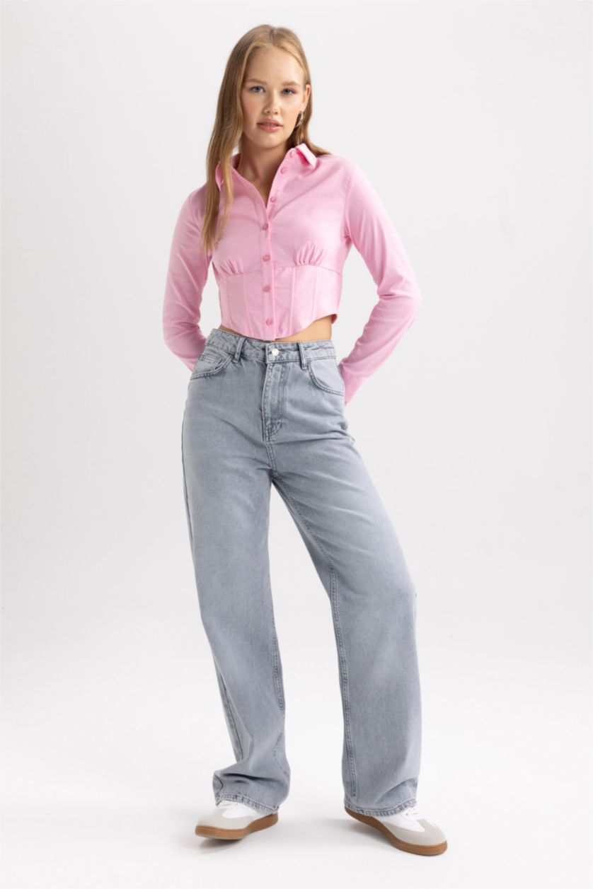 Kadın Pembe Uzun Kollu Korse Detaylı Gömlek