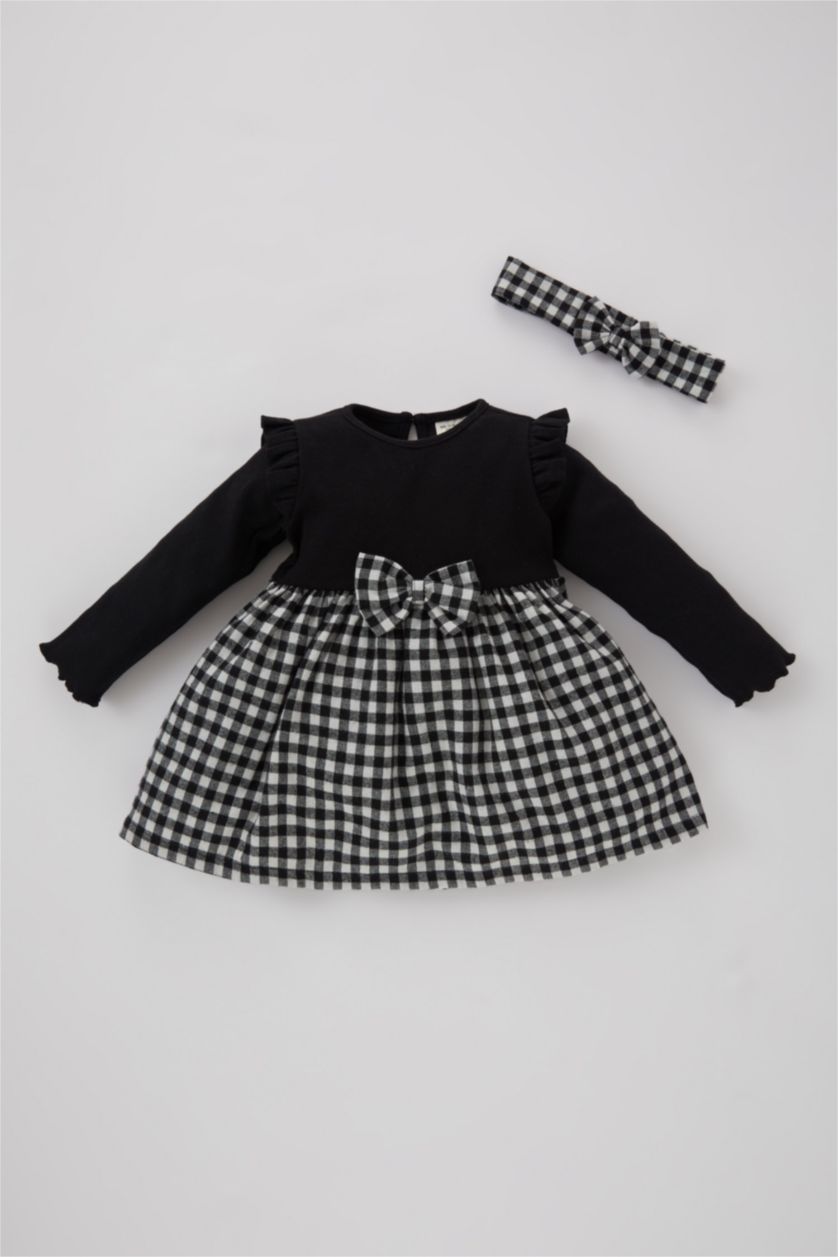 BÉBÉ FILLE Noir Ensemble de Robe Jersey Côtelé à Manches Longues à Carreaux avec Bandeau pour Fille - 2 Pièces