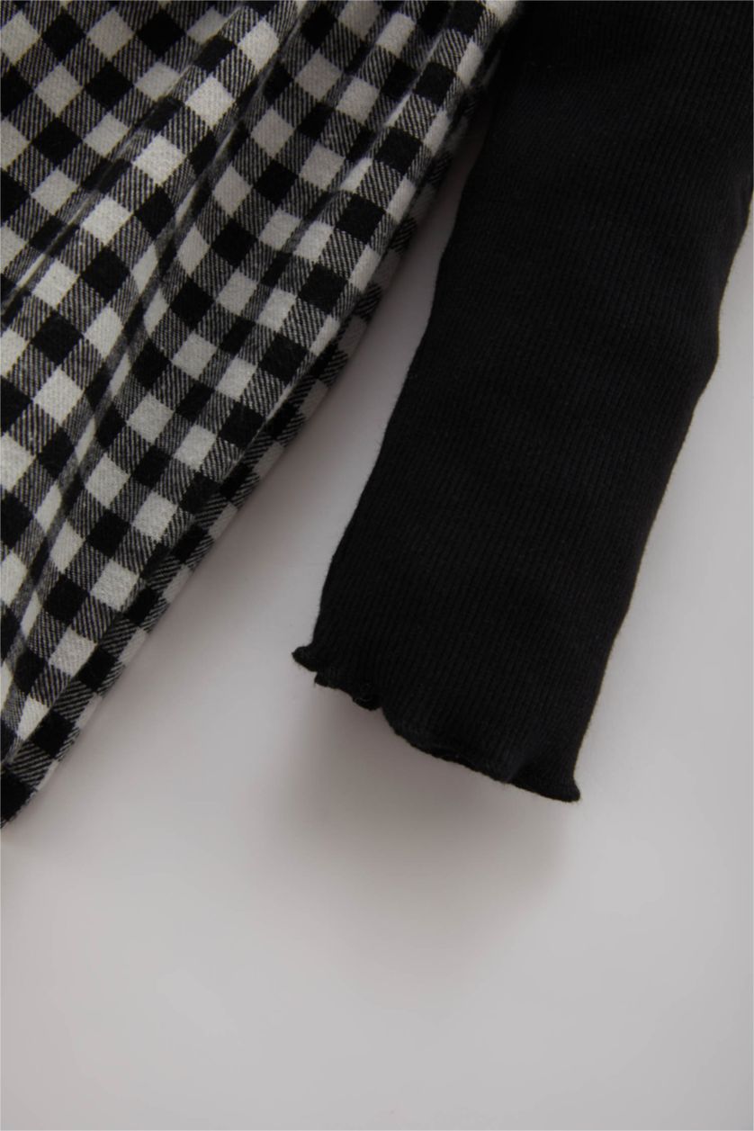 BÉBÉ FILLE Noir Ensemble de Robe Jersey Côtelé à Manches Longues à Carreaux avec Bandeau pour Fille - 2 Pièces