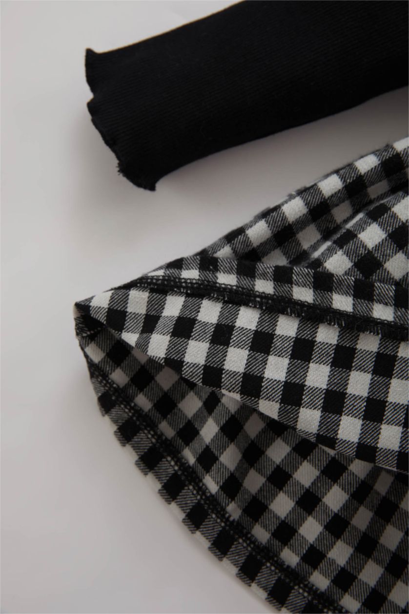 BÉBÉ FILLE Noir Ensemble de Robe Jersey Côtelé à Manches Longues à Carreaux avec Bandeau pour Fille - 2 Pièces