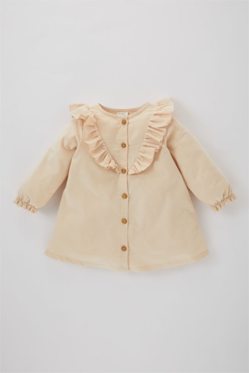 طفلة صغيرة اللون الرملي فستان قصير مخمل بناتي قصة عادية ردن طويل