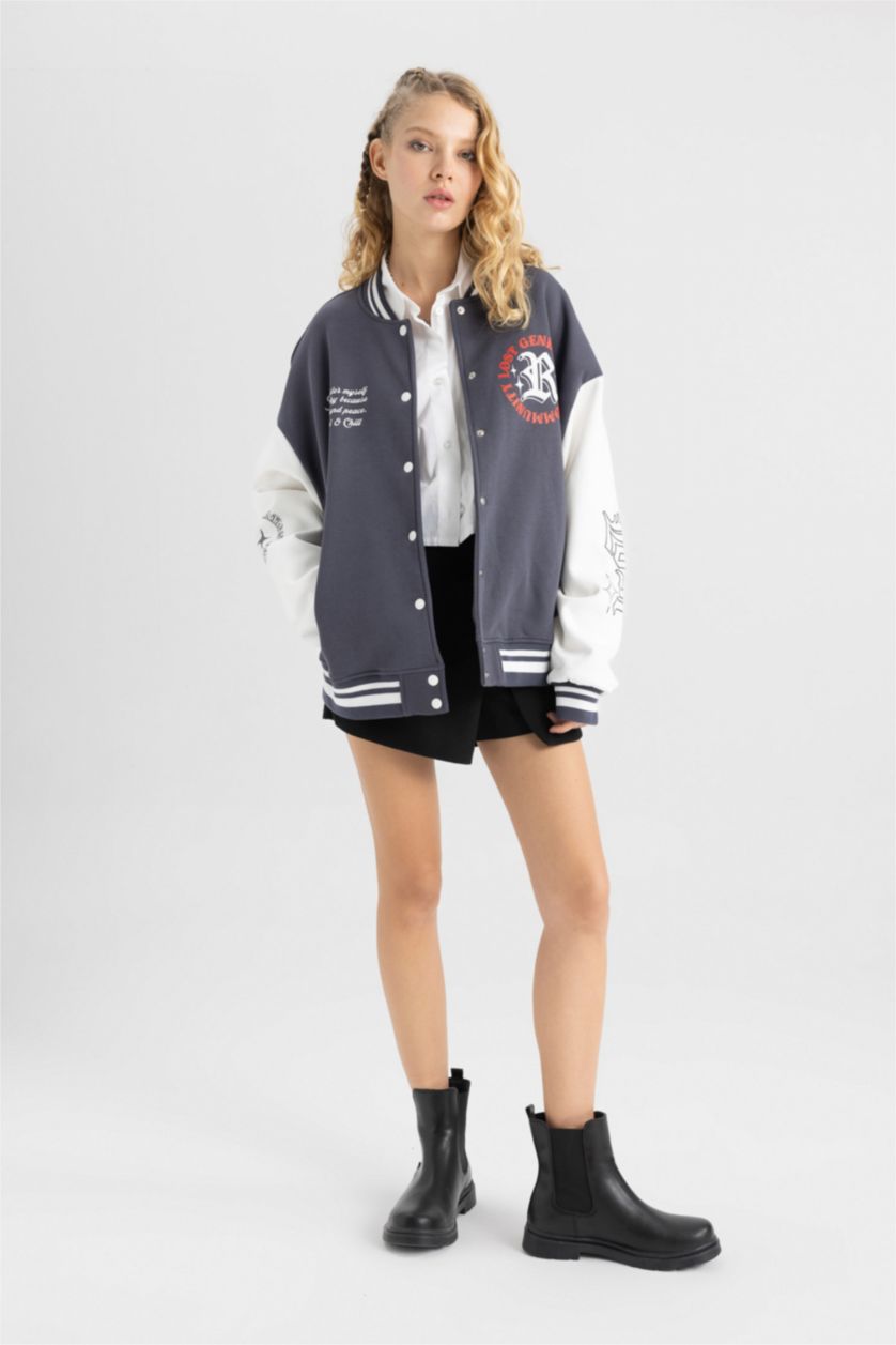 WOMAN Anthracite Oversize Fit Crew Neck Thick Fabric Bomber Jacket