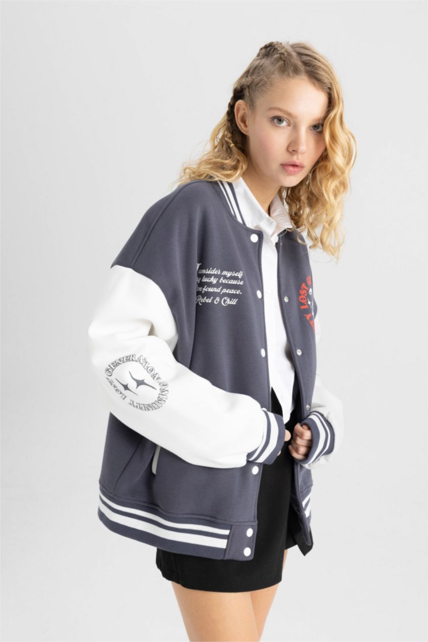 WOMAN Anthracite Oversize Fit Crew Neck Thick Fabric Bomber Jacket