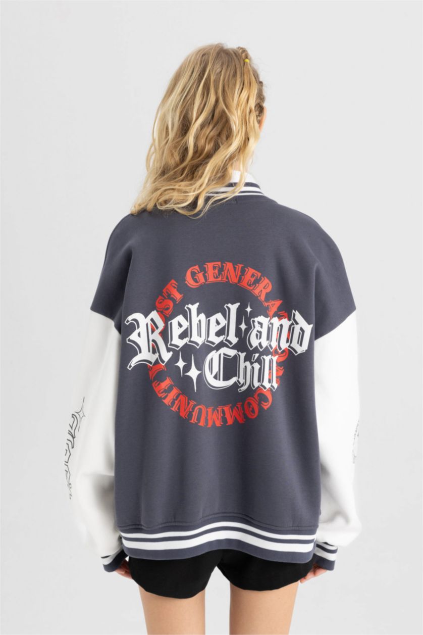 WOMAN Anthracite Oversize Fit Crew Neck Thick Fabric Bomber Jacket