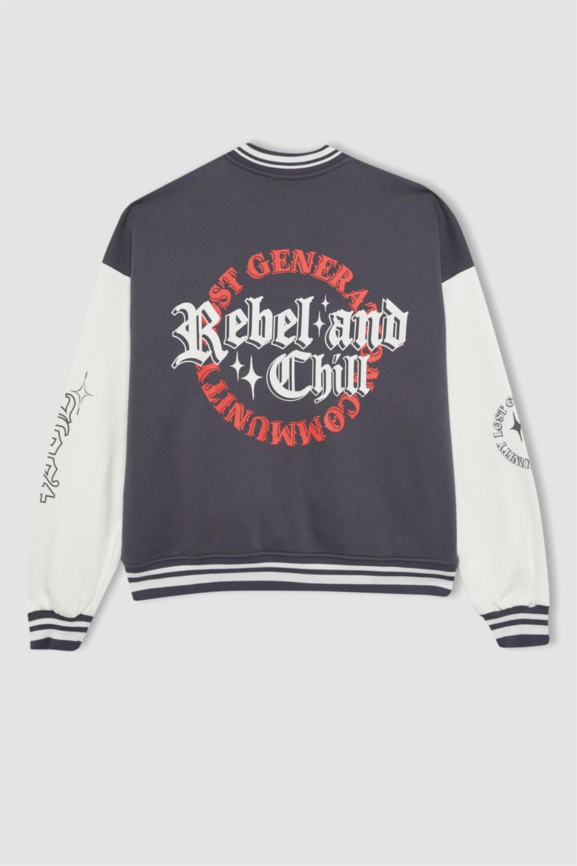 WOMAN Anthracite Oversize Fit Crew Neck Thick Fabric Bomber Jacket