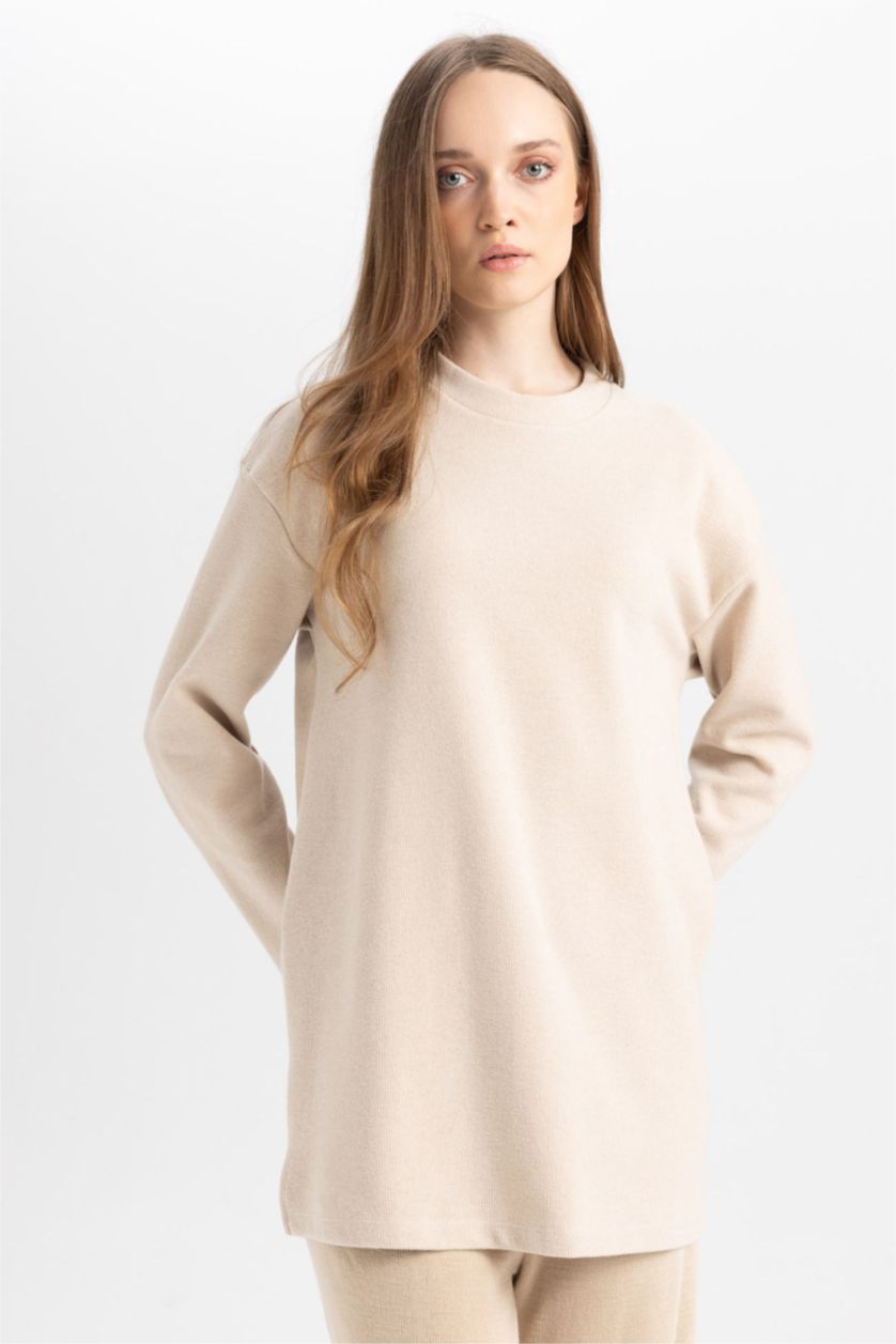 WOMAN Beige Regular Fit Thessaloniki Fabric Crew Neck Long Sleeve Tunic