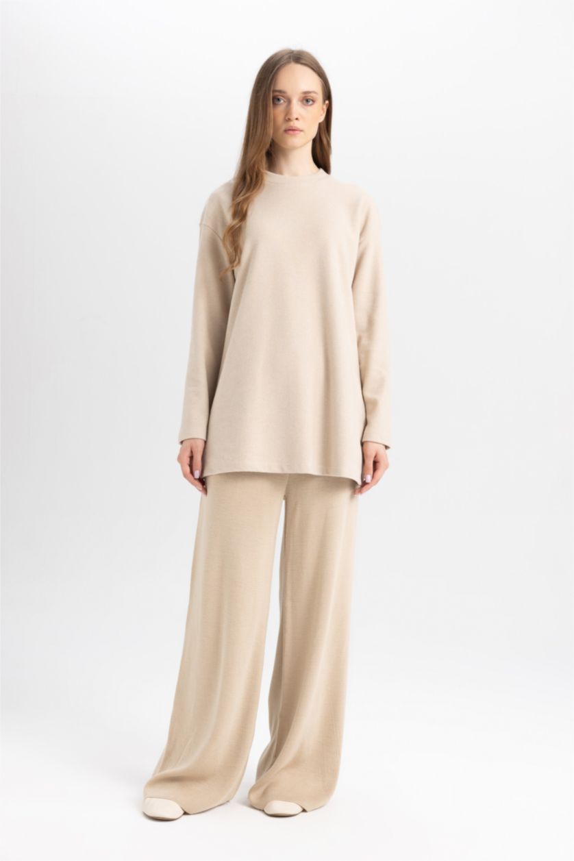 WOMAN Beige Regular Fit Thessaloniki Fabric Crew Neck Long Sleeve Tunic