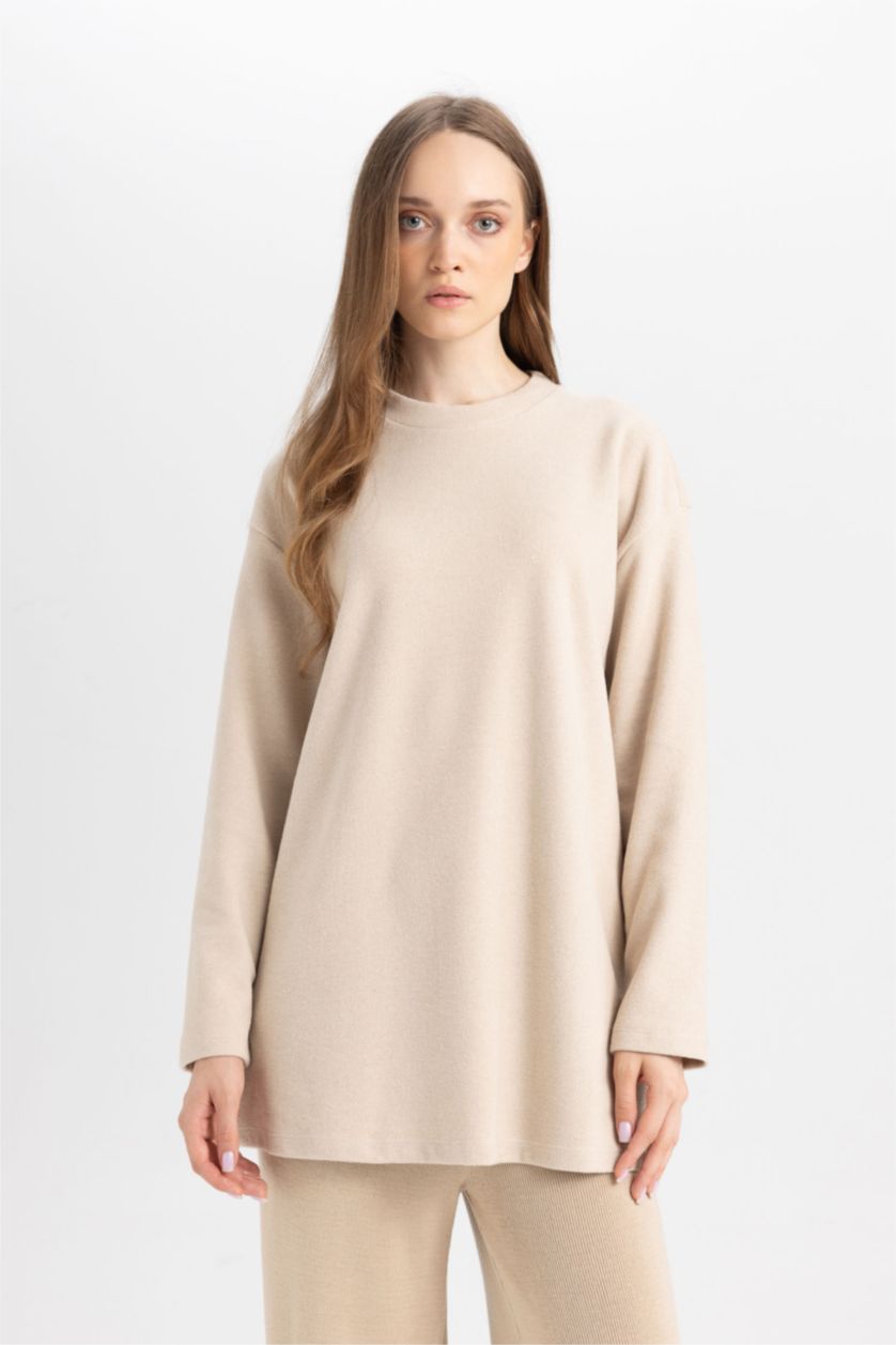 WOMAN Beige Regular Fit Thessaloniki Fabric Crew Neck Long Sleeve Tunic