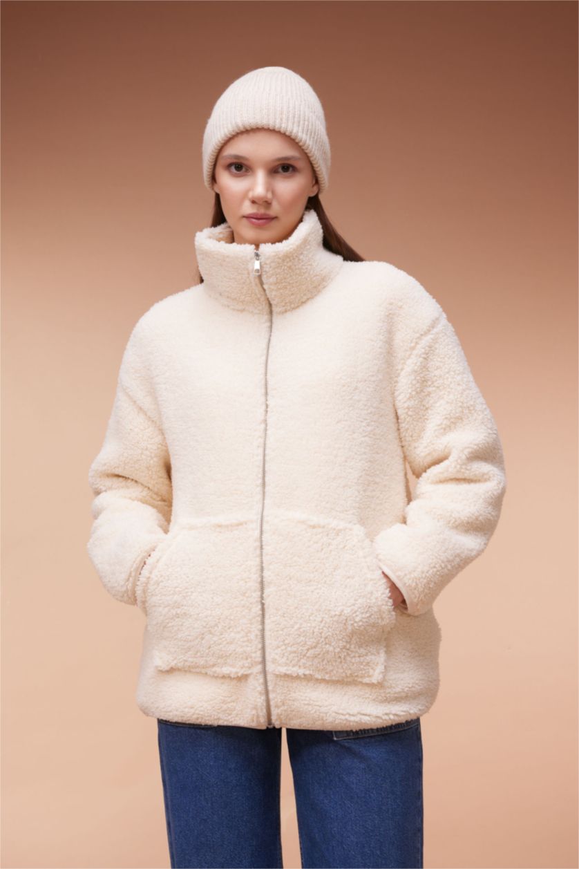 WOMAN Ecru Regular Fit Zipper Cardigan