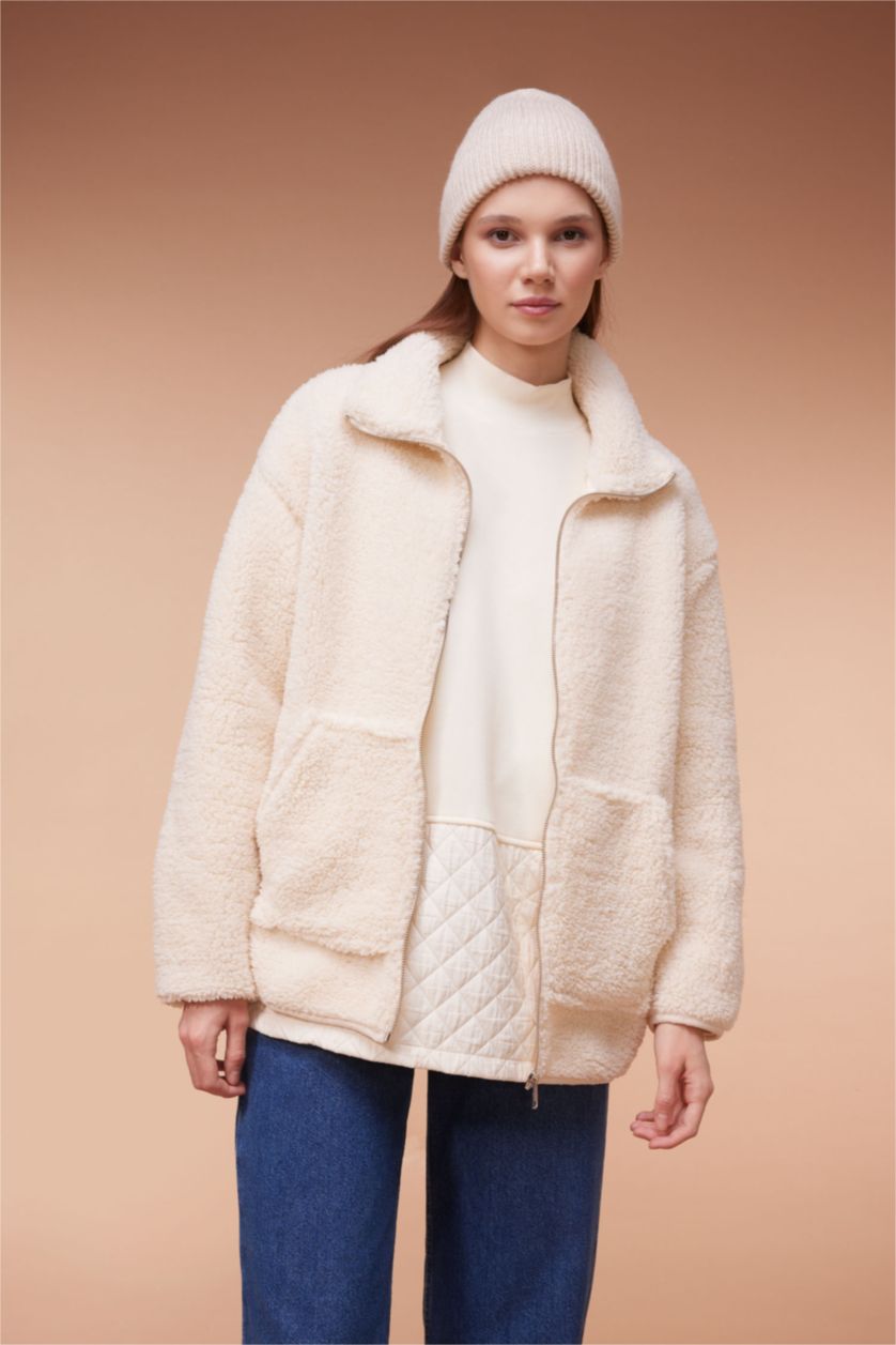 WOMAN Ecru Regular Fit Zipper Cardigan