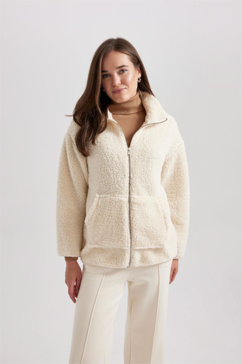 WOMAN Ecru Regular Fit Zipper Cardigan