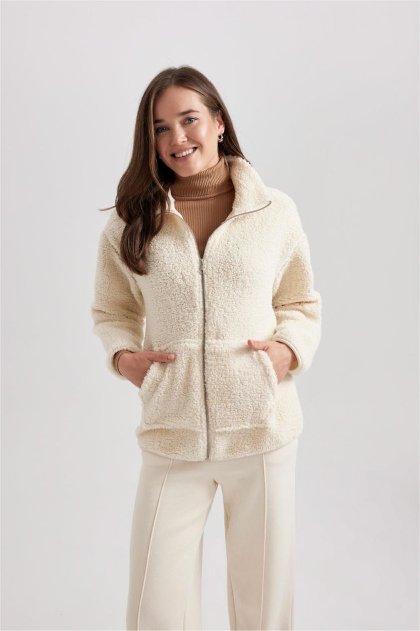 WOMAN Ecru Regular Fit Zipper Cardigan
