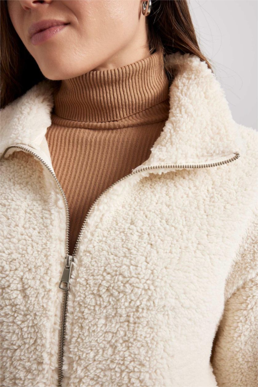 WOMAN Ecru Regular Fit Zipper Cardigan