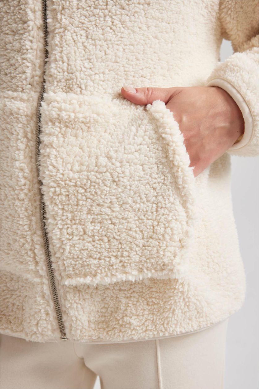 WOMAN Ecru Regular Fit Zipper Cardigan