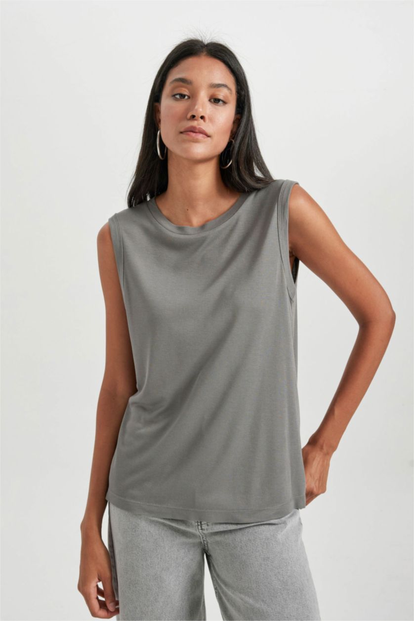 WOMAN Grey Regular Fit Crew Neck Ribbed T-Shirt