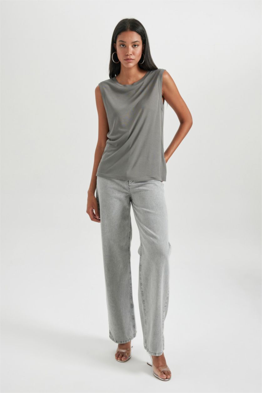 WOMAN Grey Regular Fit Crew Neck Ribbed T-Shirt