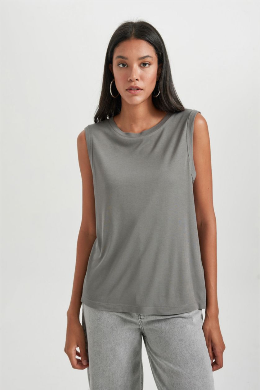 WOMAN Grey Regular Fit Crew Neck Ribbed T-Shirt