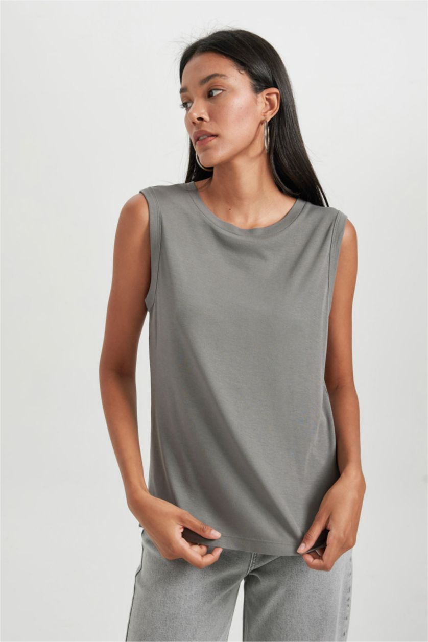 WOMAN Grey Regular Fit Crew Neck Ribbed T-Shirt