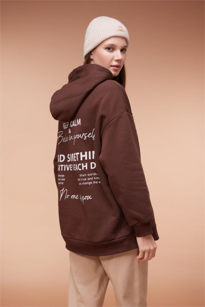 FEMME Marron Tunique Sweat -Shirt Coupe Décontractée Encapuchonné Imprimé Intérieur En Peluche