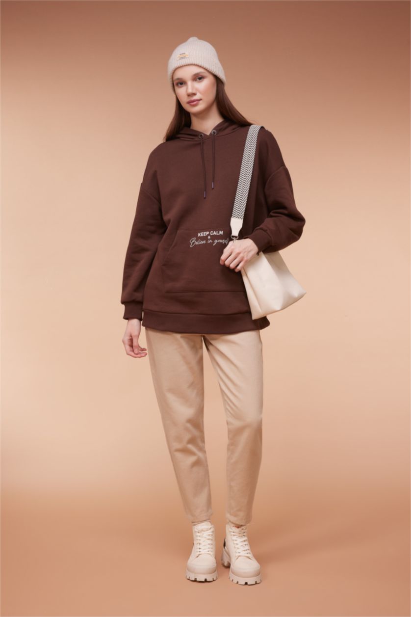 FEMME Marron Tunique Sweat -Shirt Coupe Décontractée Encapuchonné Imprimé Intérieur En Peluche