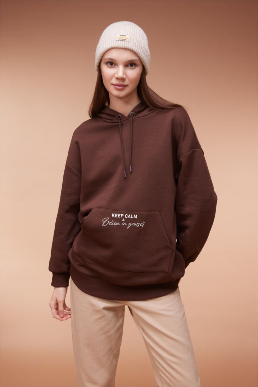 FEMME Marron Tunique Sweat -Shirt Coupe Décontractée Encapuchonné Imprimé Intérieur En Peluche