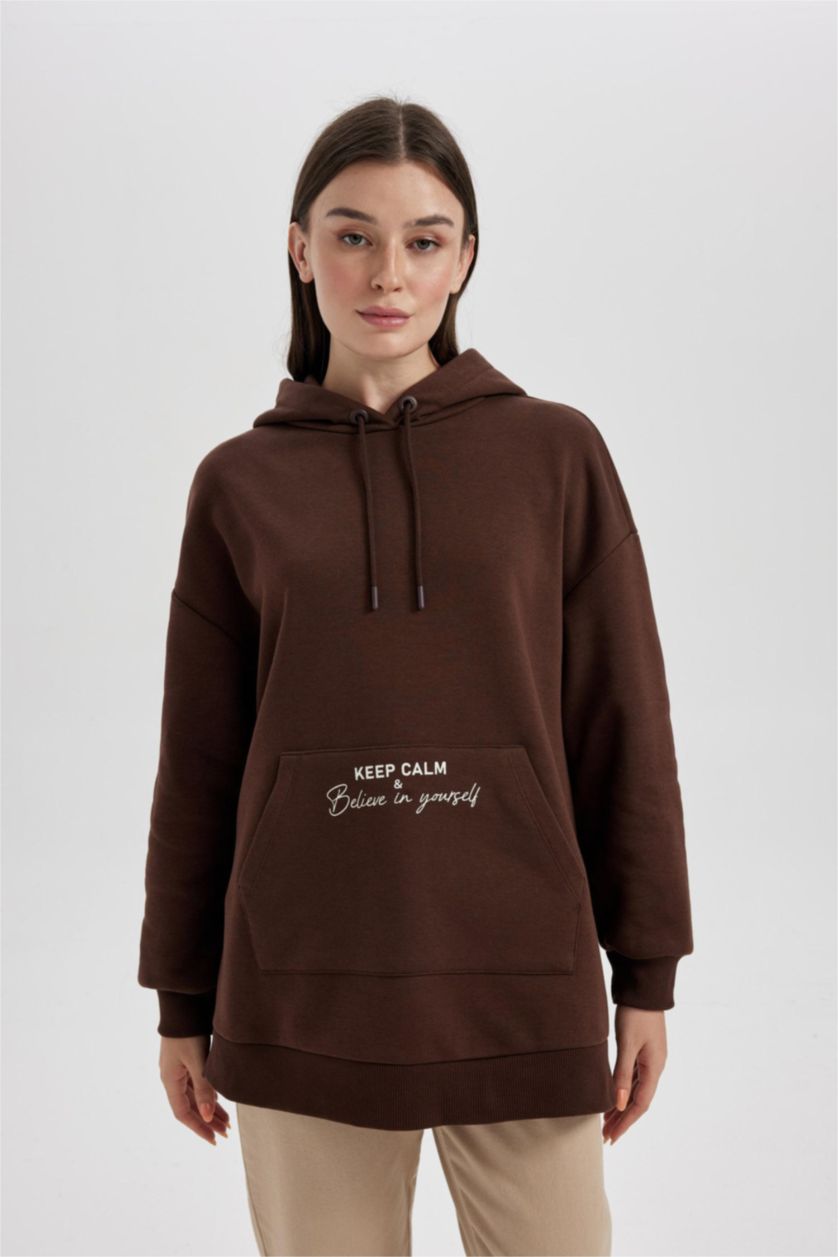 FEMME Marron Tunique Sweat -Shirt Coupe Décontractée Encapuchonné Imprimé Intérieur En Peluche