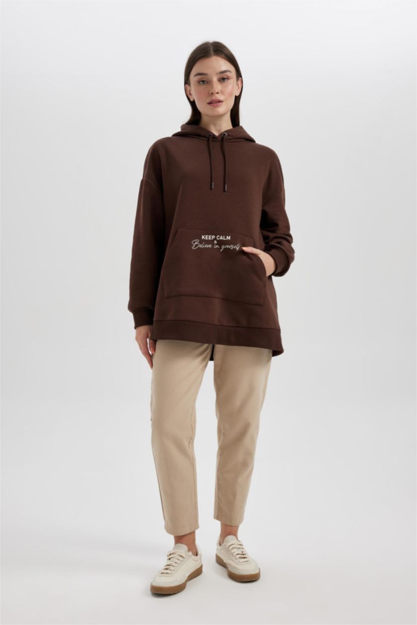 FEMME Marron Tunique Sweat -Shirt Coupe Décontractée Encapuchonné Imprimé Intérieur En Peluche