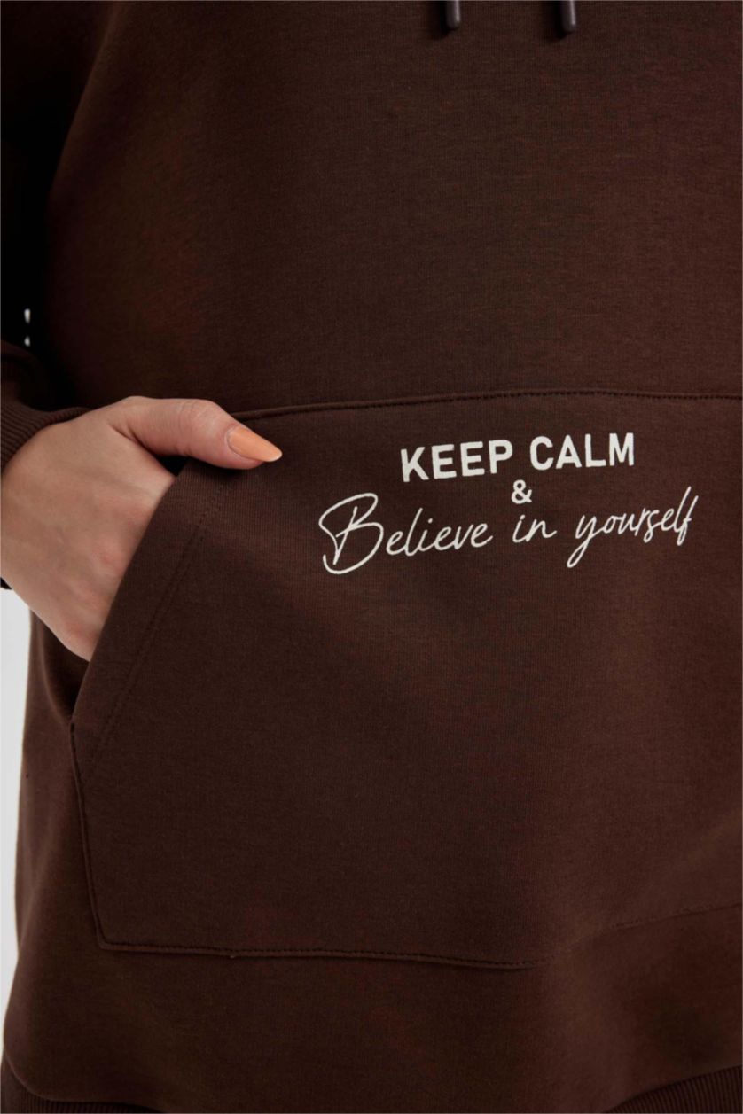 FEMME Marron Tunique Sweat -Shirt Coupe Décontractée Encapuchonné Imprimé Intérieur En Peluche