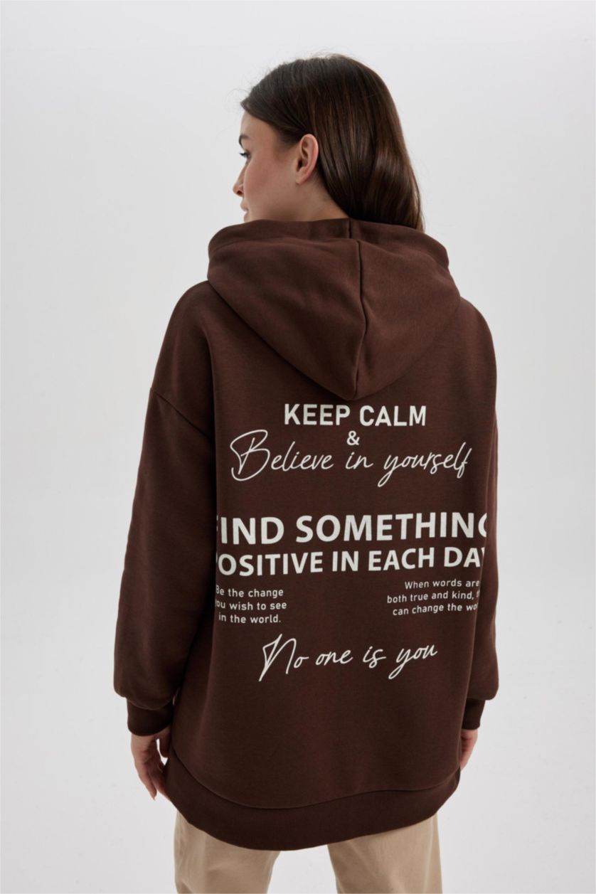 FEMME Marron Tunique Sweat -Shirt Coupe Décontractée Encapuchonné Imprimé Intérieur En Peluche